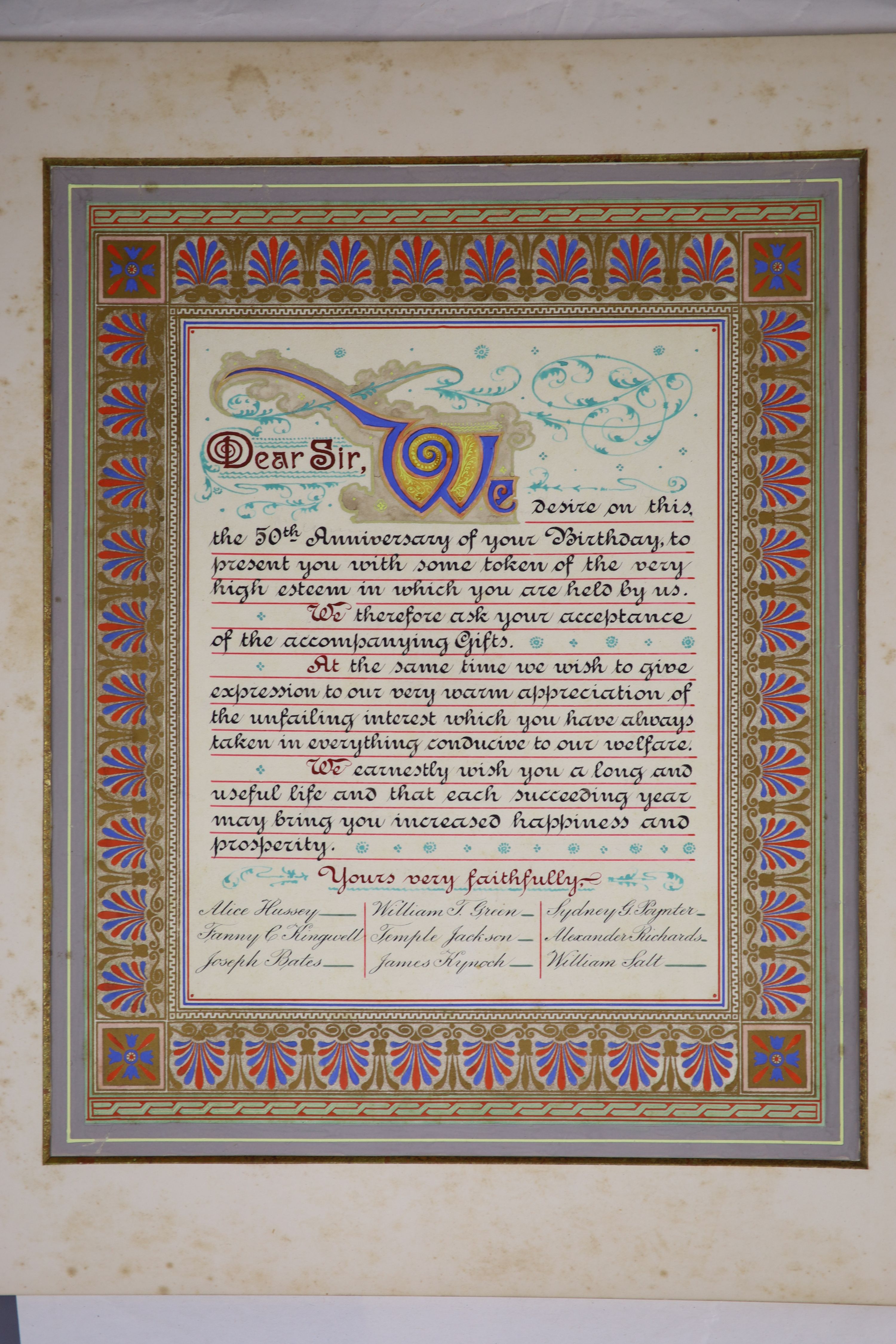 A fine Victorian illuminated calligraphic presentation ledger, 38 x 33cm